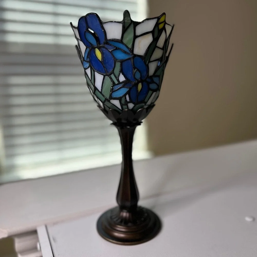 PartyLite Stained Glass Iris Candle Holder Blue Floral Mosaic Bronze Base 12.5